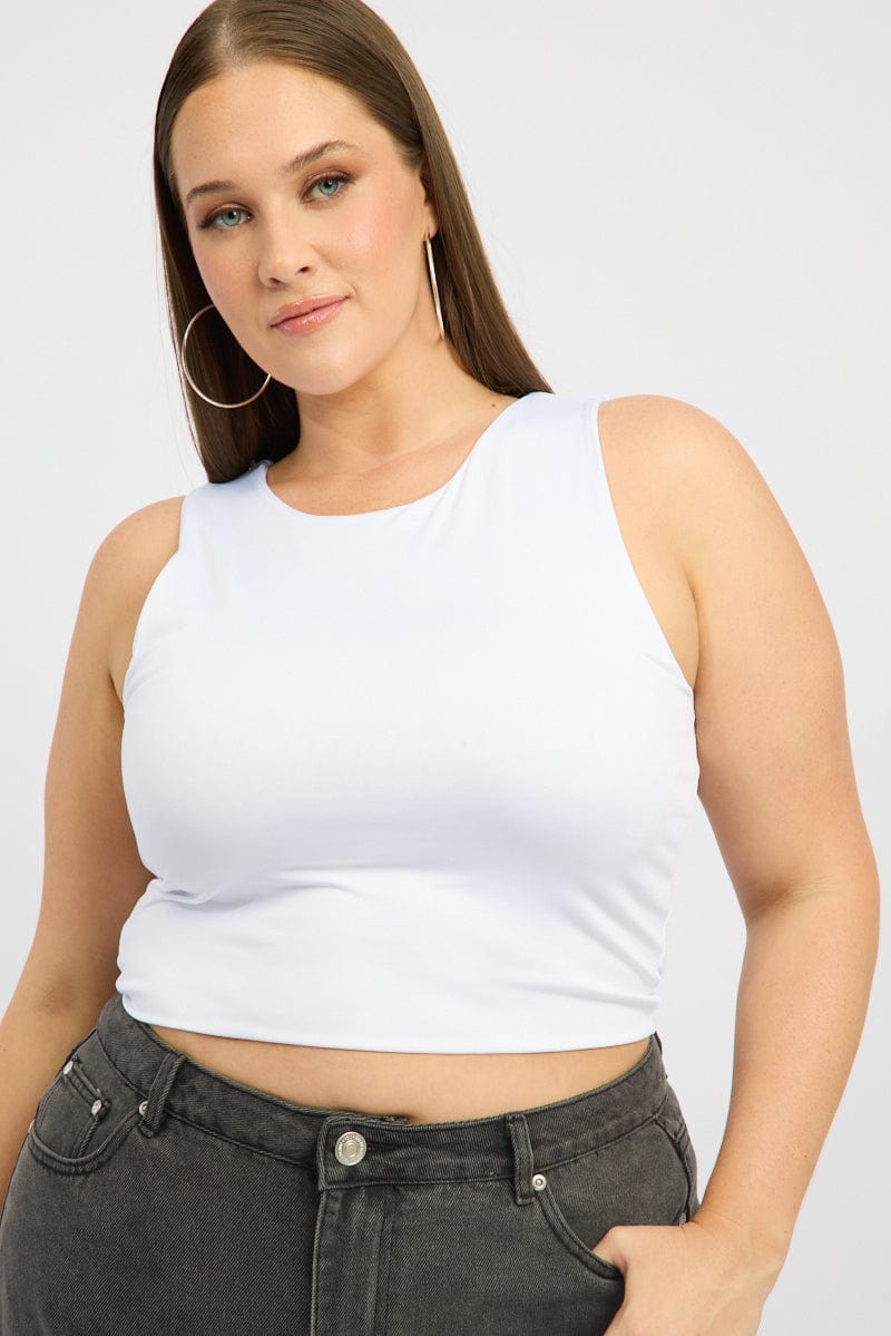 White Tank Top Crew Neck Sleeveless Cotton Crop