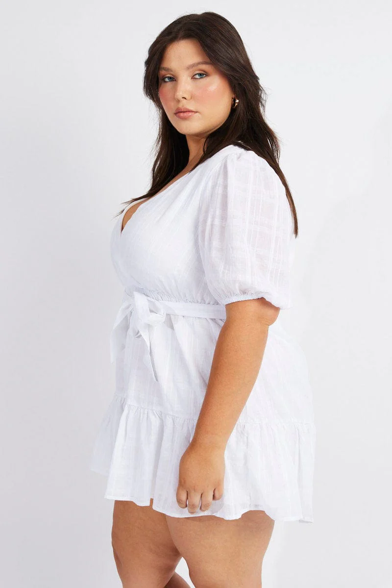 White Textured Cotton Puff Sleeve Playsuit Frill Hem - Image 4