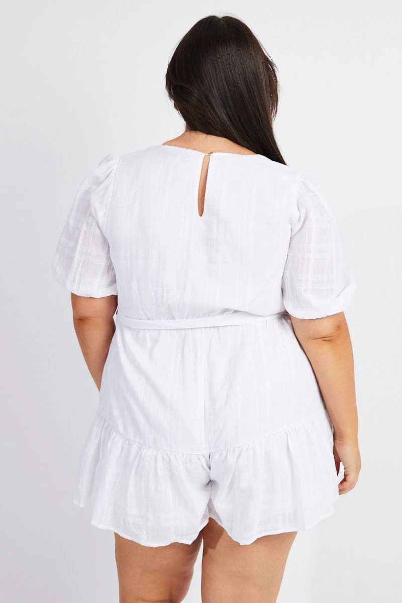 White Textured Cotton Puff Sleeve Playsuit Frill Hem - Image 5