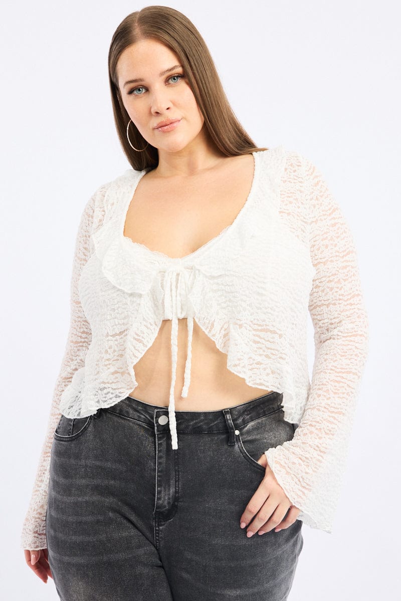 White Textured Lace Knit Tie Front Bolero Cardigan