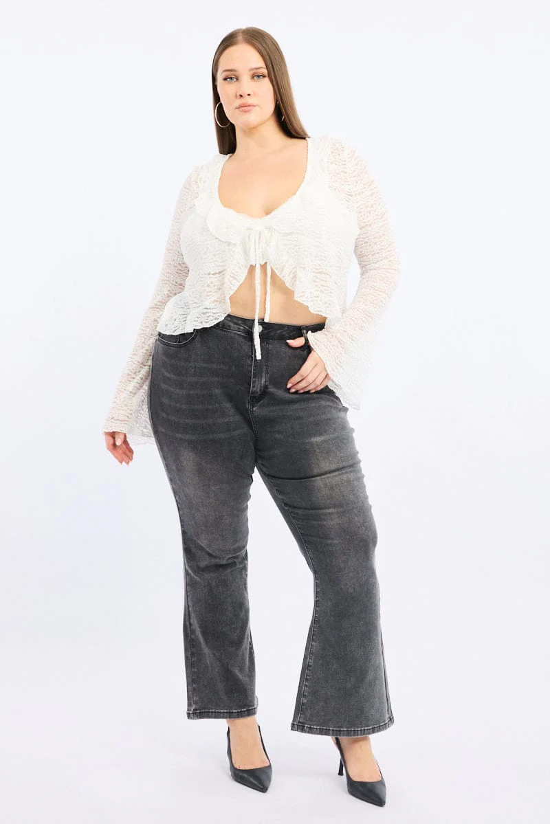 White Textured Lace Knit Tie Front Bolero Cardigan - Image 2
