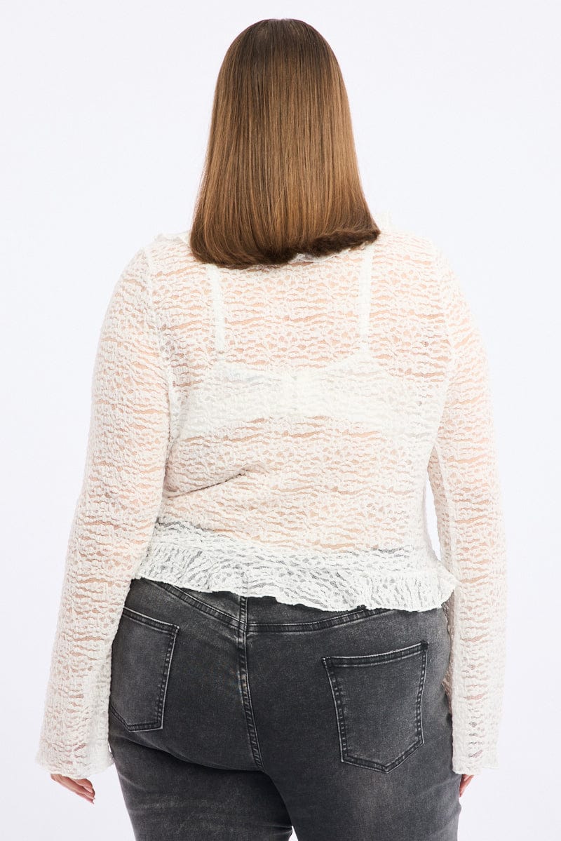 White Textured Lace Knit Tie Front Bolero Cardigan - Image 4