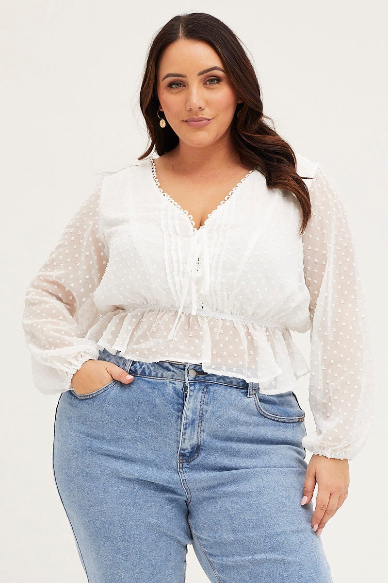White Textured Long Sleeve Tie Front Blouse