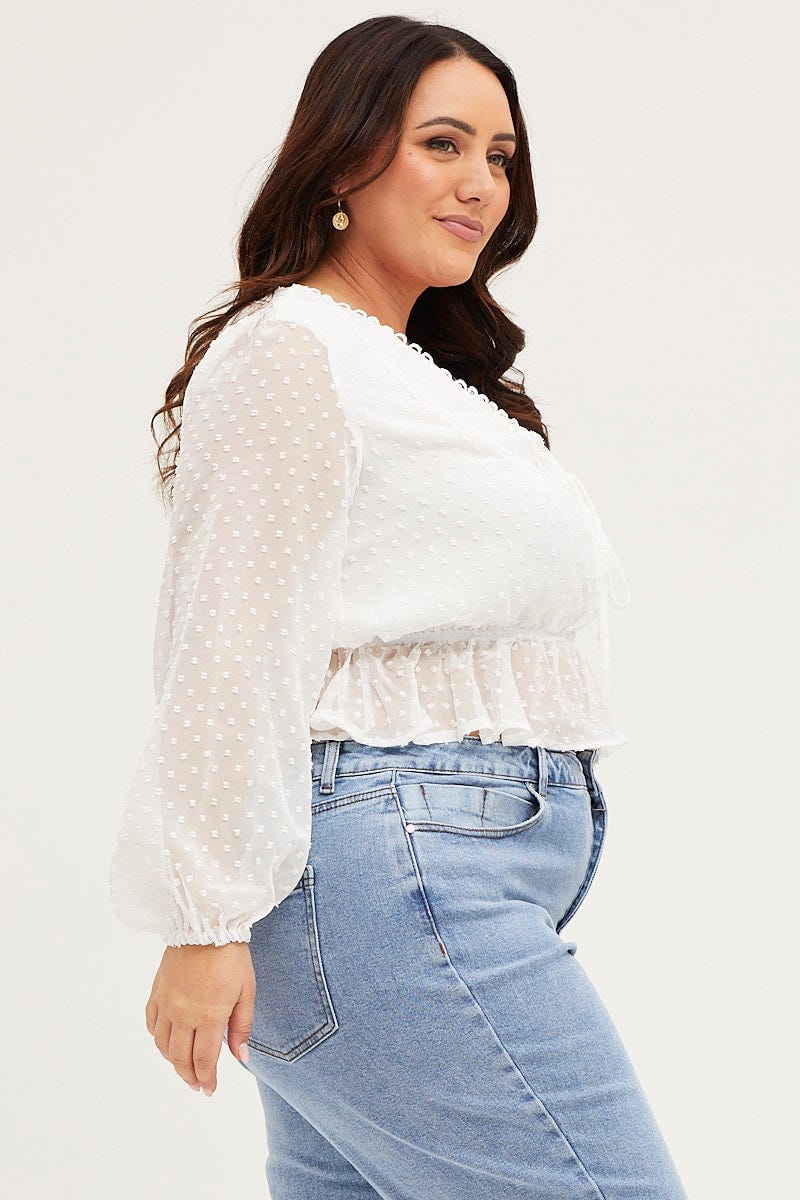 White Textured Long Sleeve Tie Front Blouse - Image 4