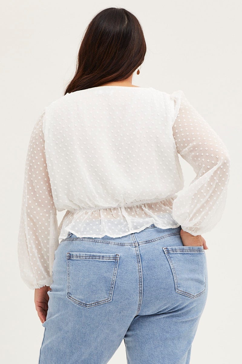 White Textured Long Sleeve Tie Front Blouse - Image 5