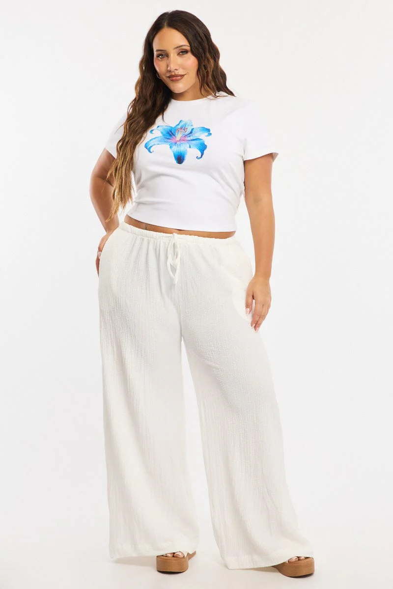 White Textured Pants Elastic Waist