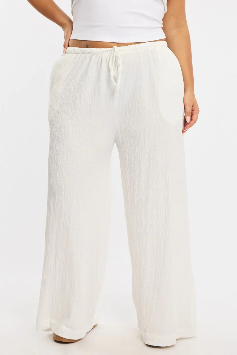 White Textured Pants Elastic Waist - Image 2