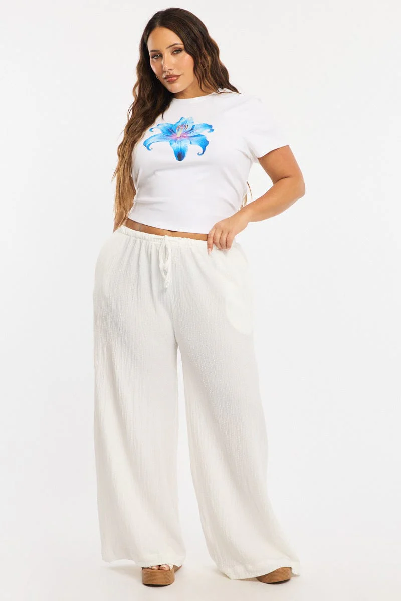 White Textured Pants Elastic Waist - Image 3