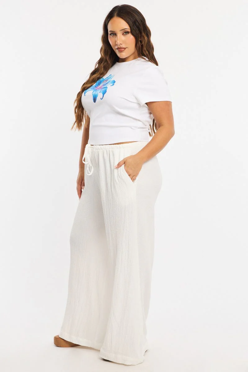 White Textured Pants Elastic Waist - Image 4
