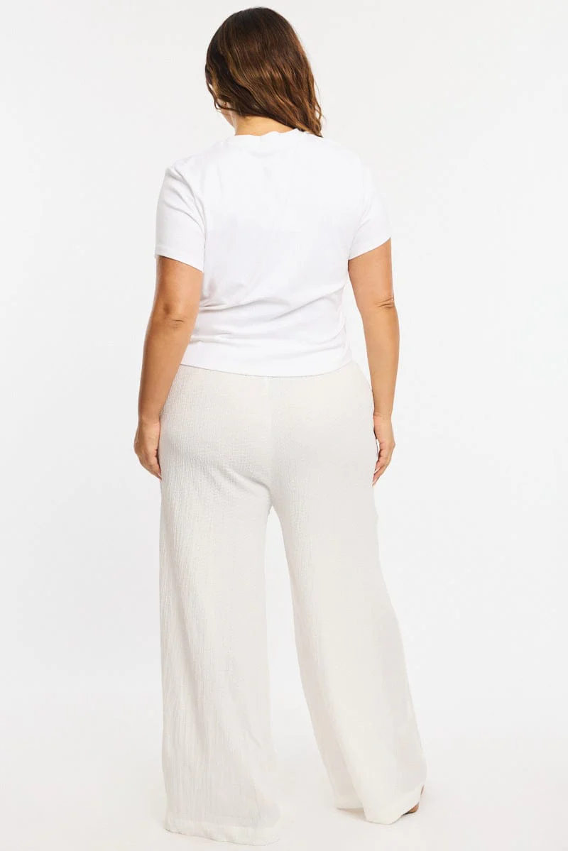 White Textured Pants Elastic Waist - Image 5