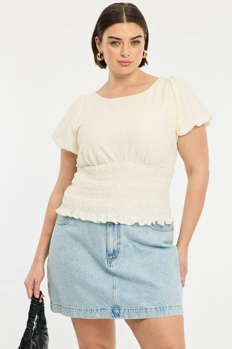 White Textured Top Short Sleeve Shirred Waist