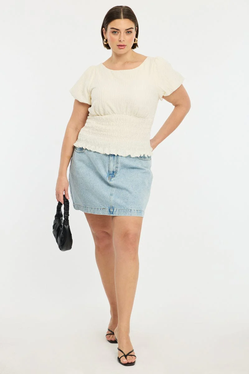 White Textured Top Short Sleeve Shirred Waist - Image 2
