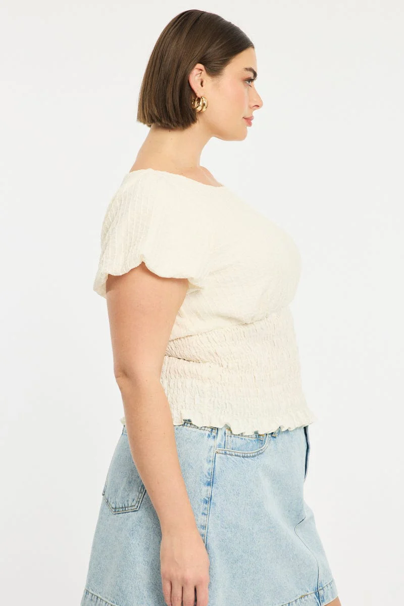 White Textured Top Short Sleeve Shirred Waist - Image 3