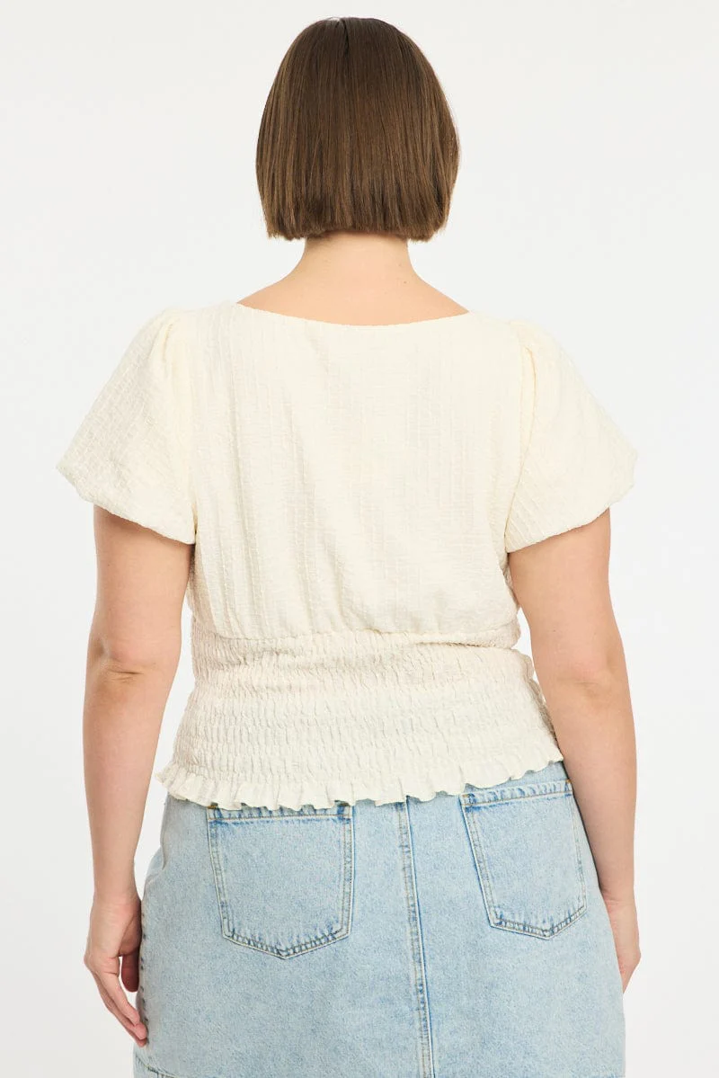White Textured Top Short Sleeve Shirred Waist - Image 4