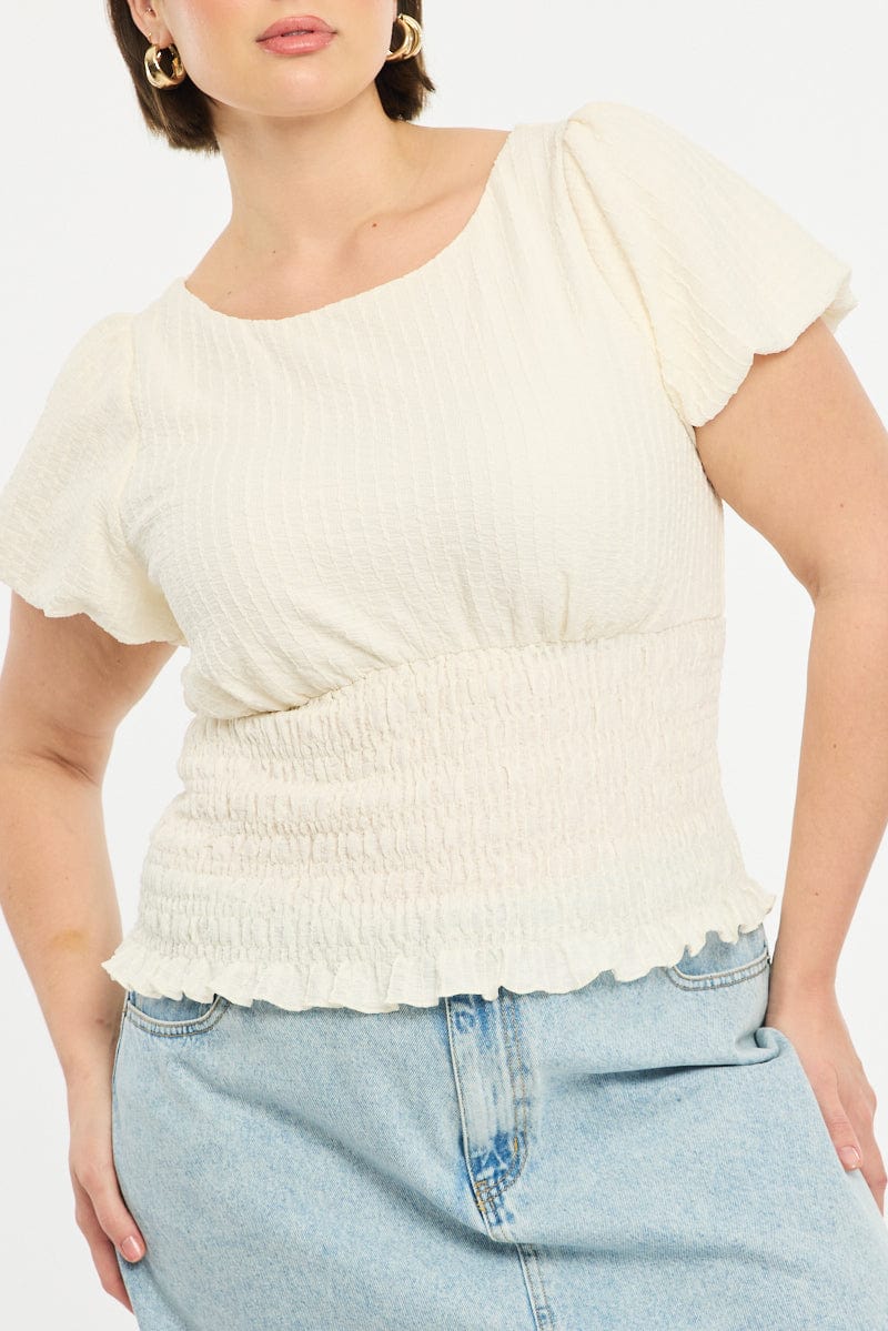 White Textured Top Short Sleeve Shirred Waist - Image 5