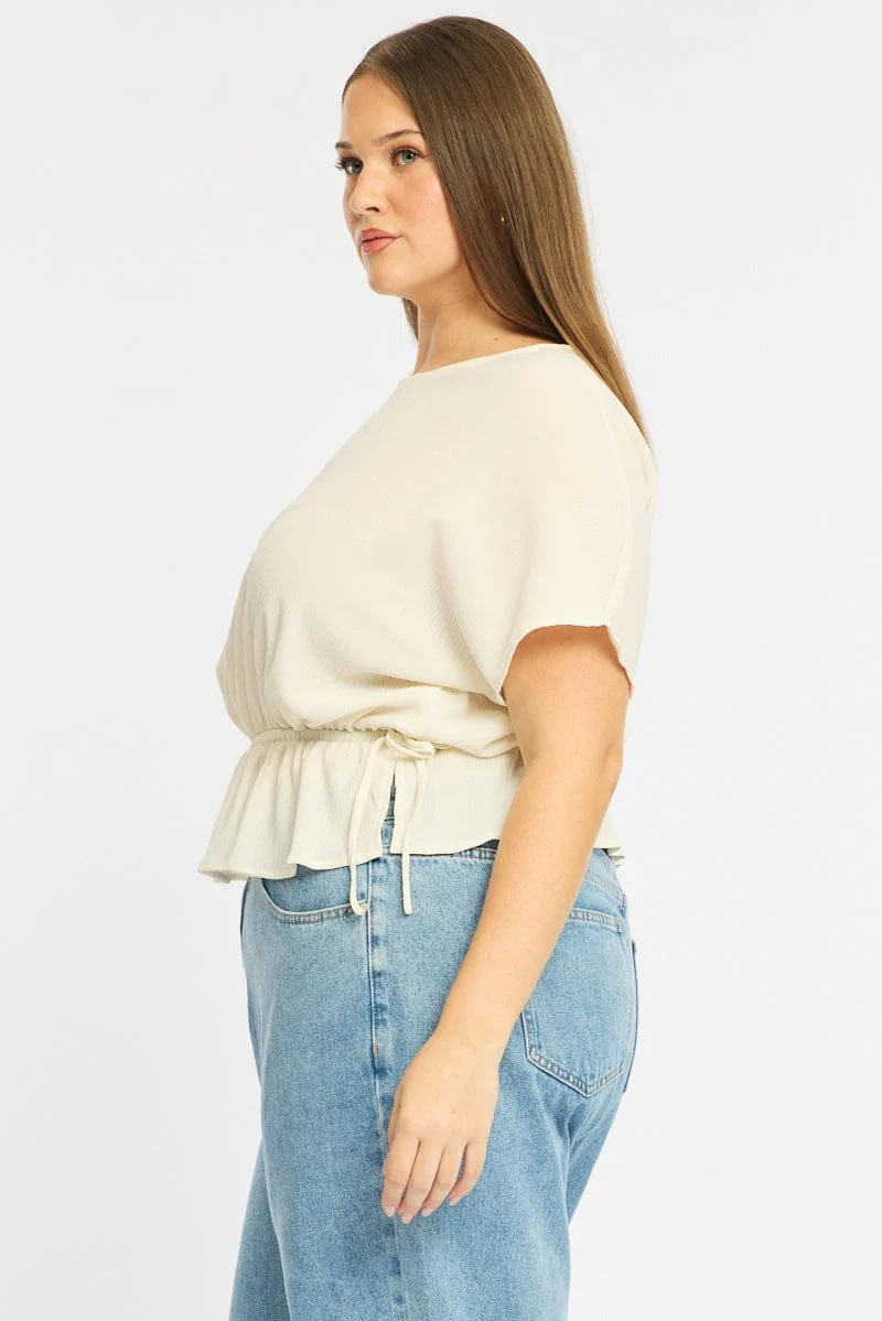 White Textured Top Short Sleeve Waist Tie - Image 4