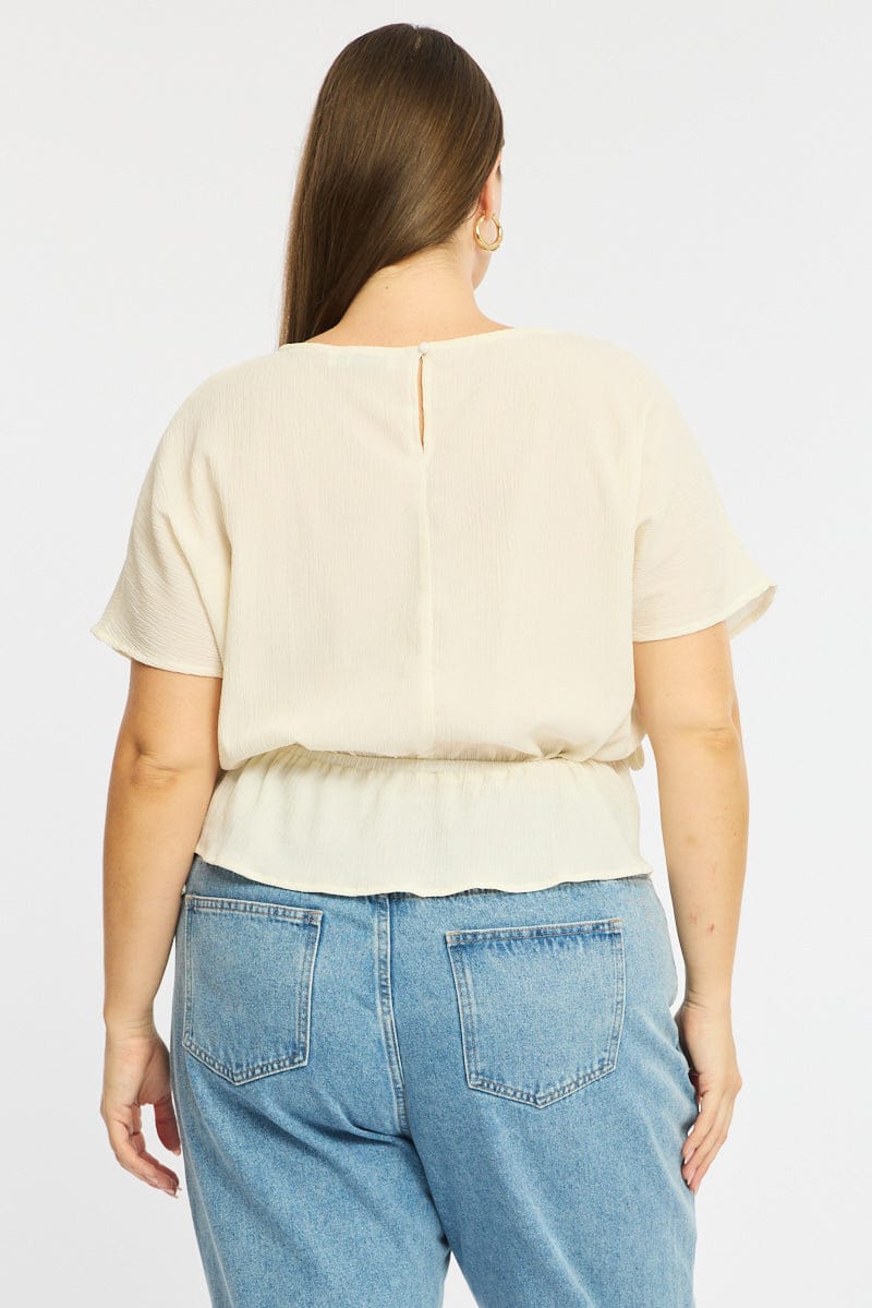 White Textured Top Short Sleeve Waist Tie - Image 5