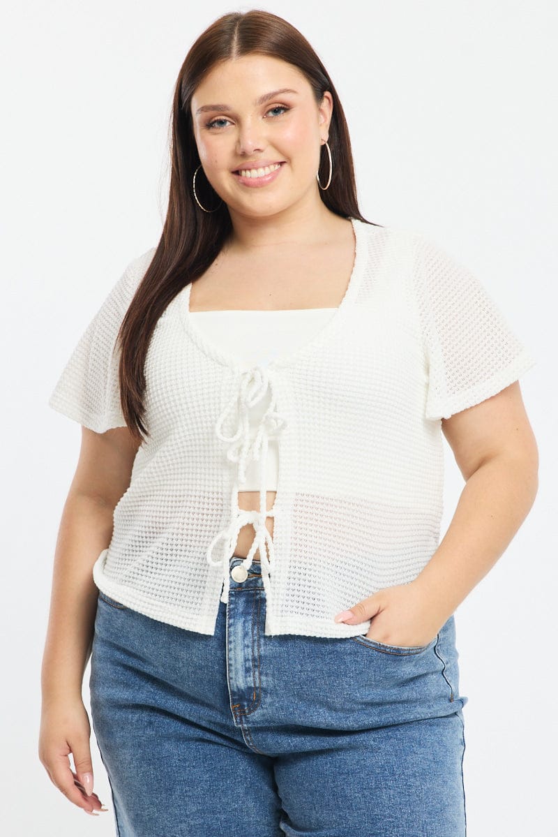 White Tie Up Cardigan Short Sleeve