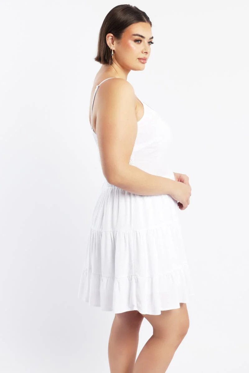 White Tiered Linen Blend Swing Dress - Image 3