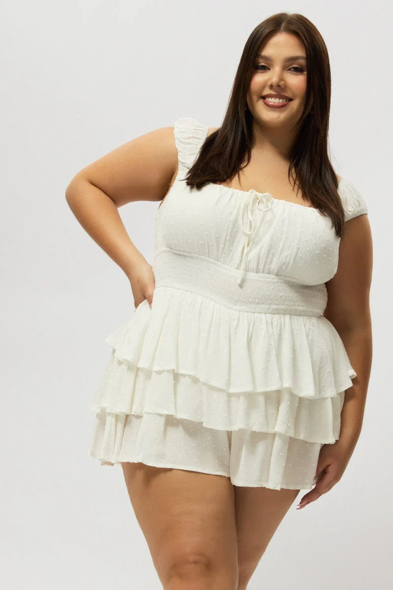 White Tiered Playsuit Short Sleeve Ruched Bust - Image 2