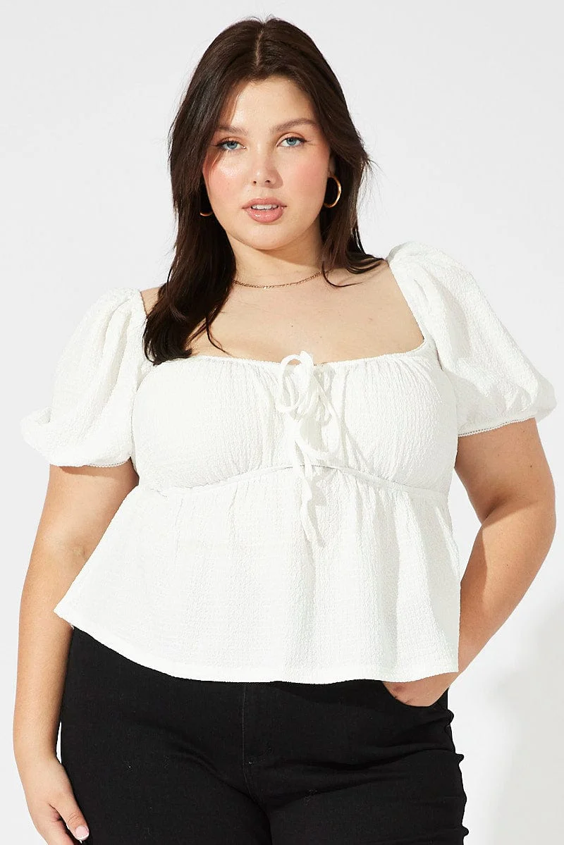 White Top Short Sleeve Sweetheart Neckline Textured - Image 2