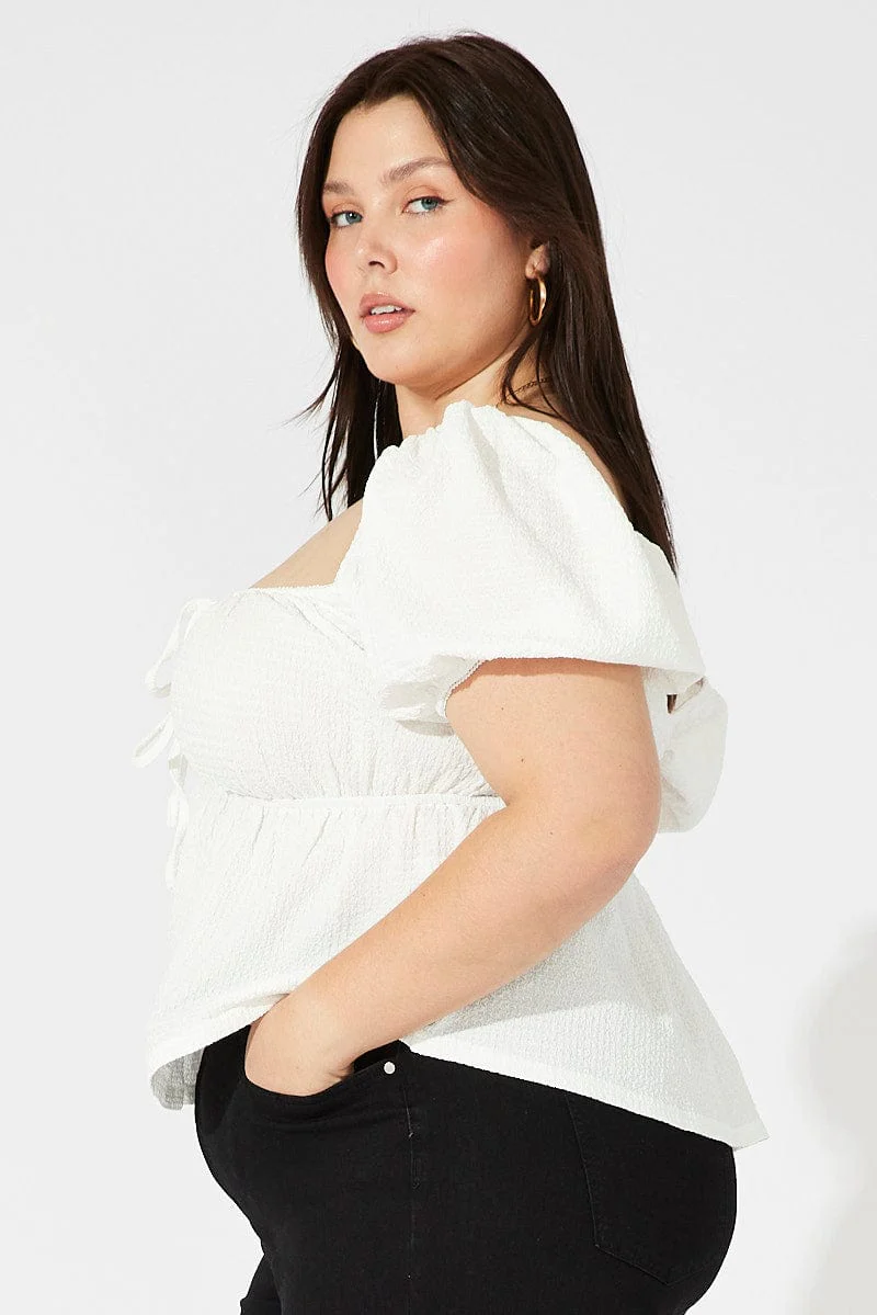 White Top Short Sleeve Sweetheart Neckline Textured - Image 4