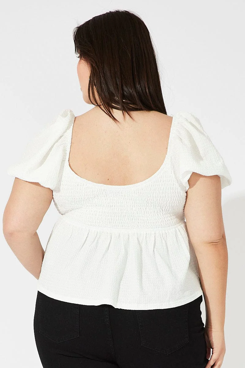 White Top Short Sleeve Sweetheart Neckline Textured - Image 5