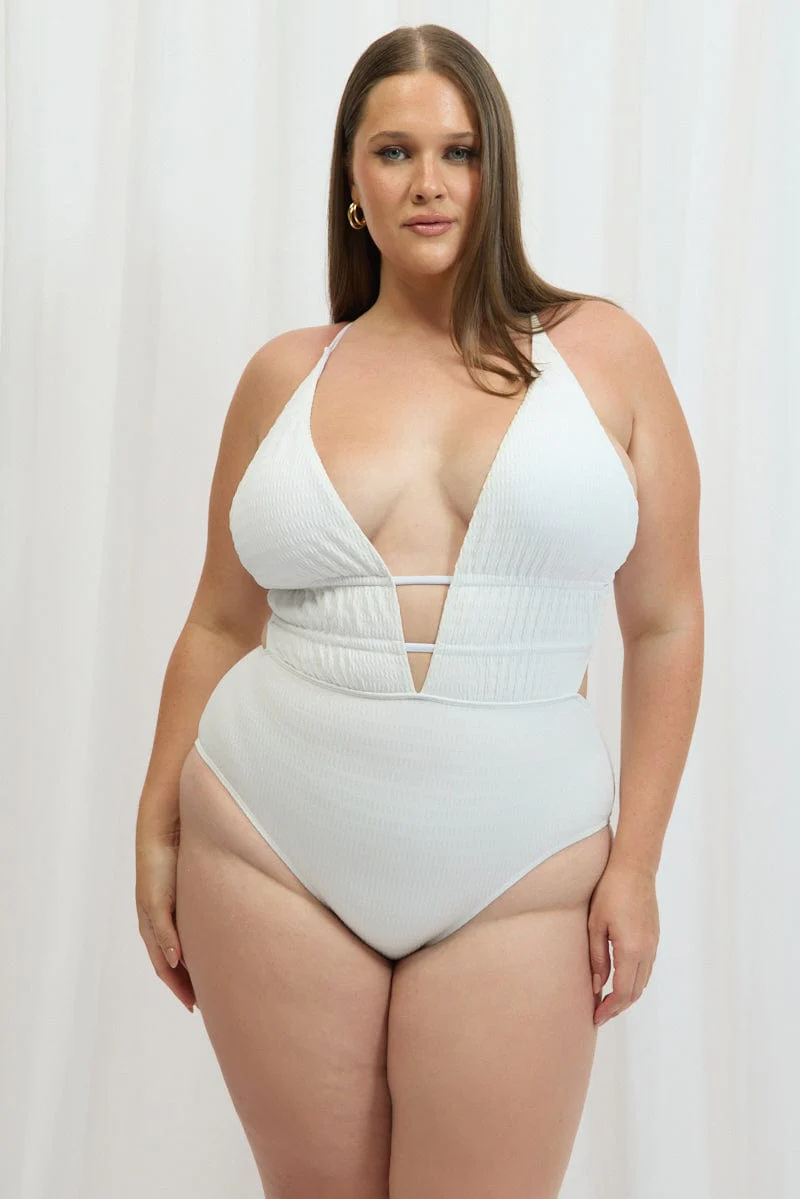 White V Neck One Piece Swimsuit - Image 3