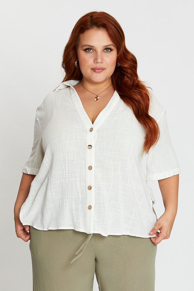White V-neck Shirt Short Sleeve Textured - Image 3