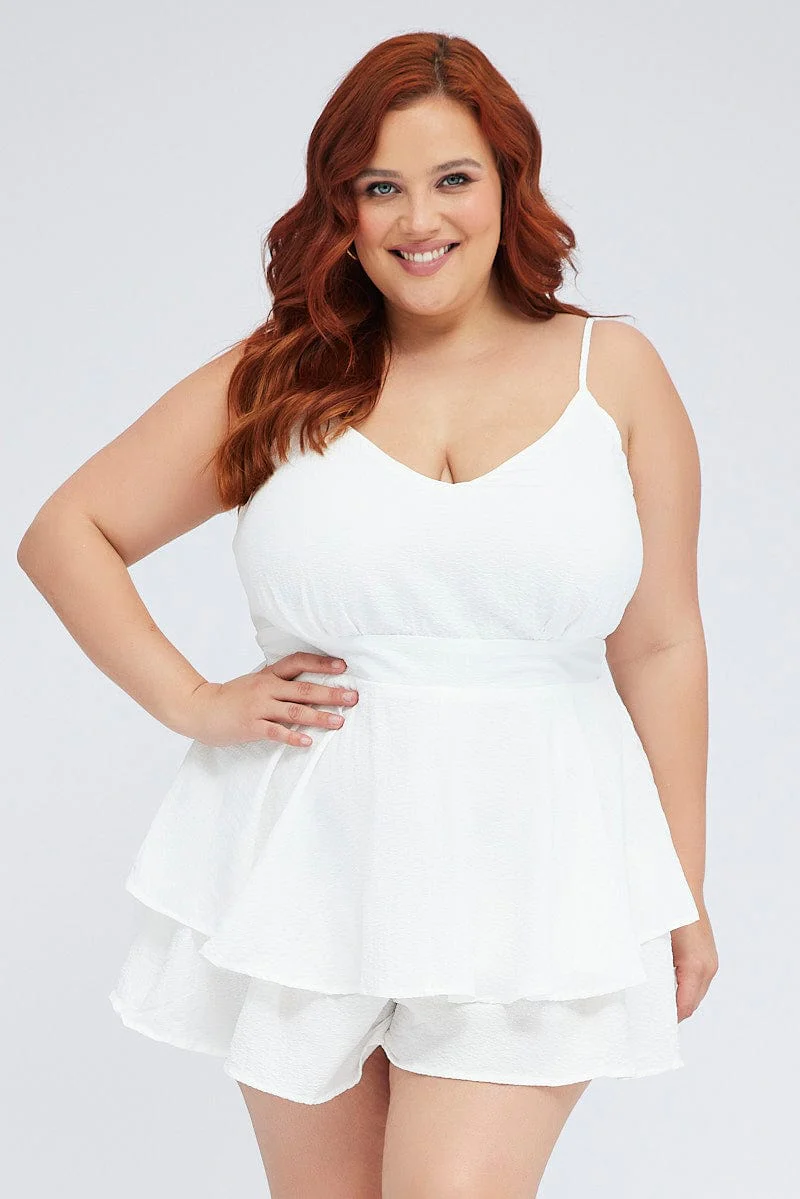 White V-neck Sleeveless Textured Frill Playsuit