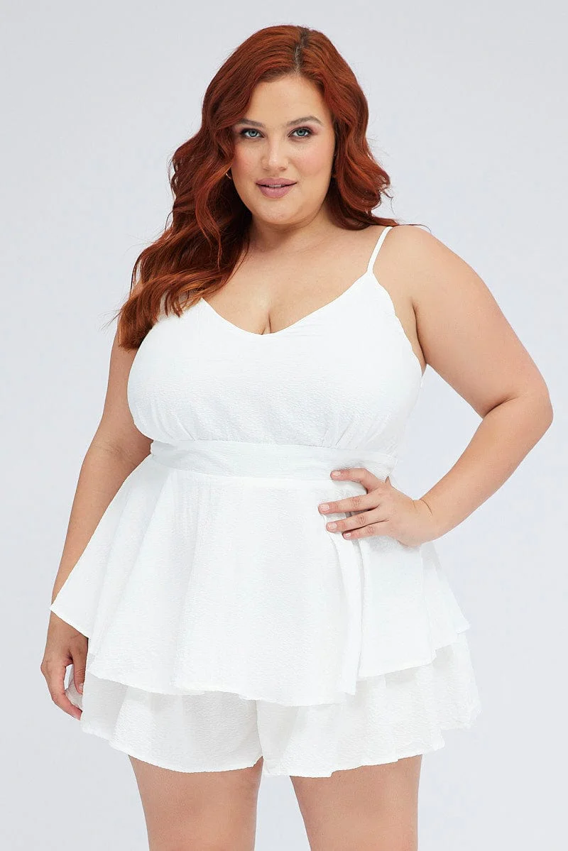 White V-neck Sleeveless Textured Frill Playsuit - Image 3
