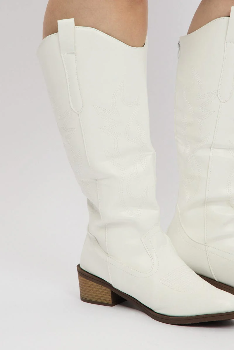 White Wide Fit Embroidered Cowboy Boots - Image 2