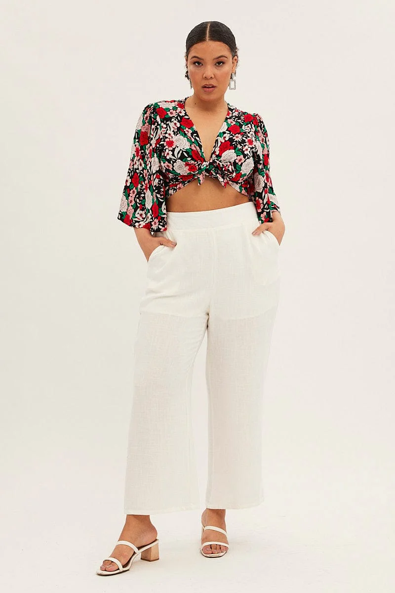 White Wide Leg Pant Flat Front Elastic Back Linen Blend