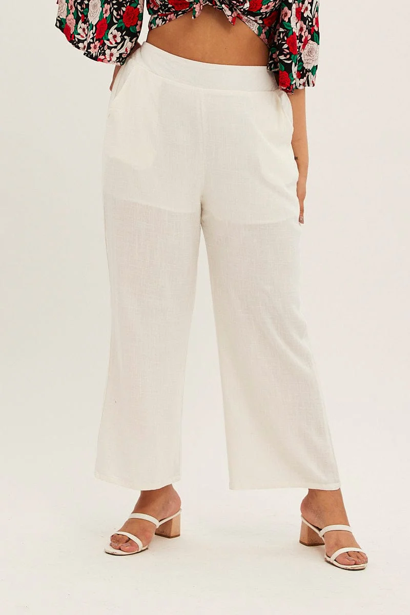 White Wide Leg Pant Flat Front Elastic Back Linen Blend - Image 2