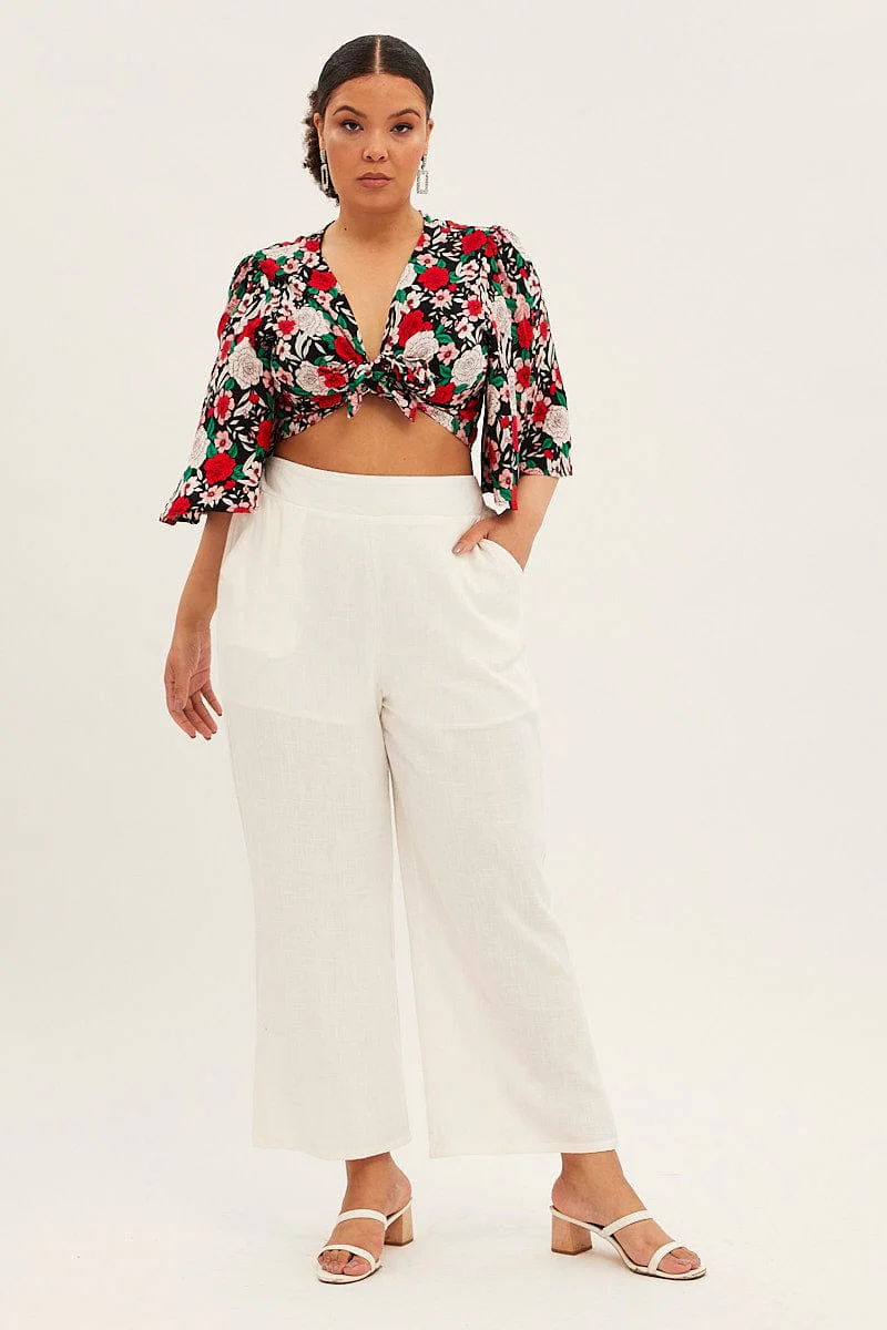 White Wide Leg Pant Flat Front Elastic Back Linen Blend - Image 3