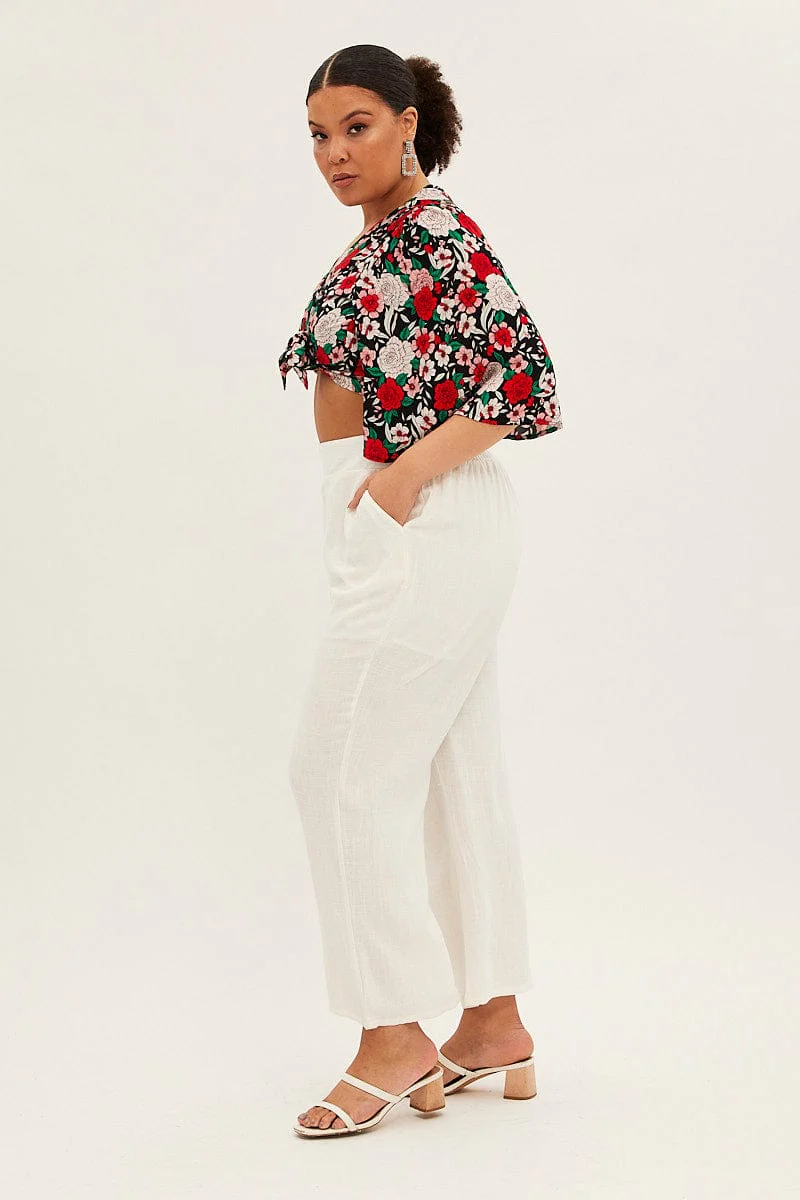 White Wide Leg Pant Flat Front Elastic Back Linen Blend - Image 4