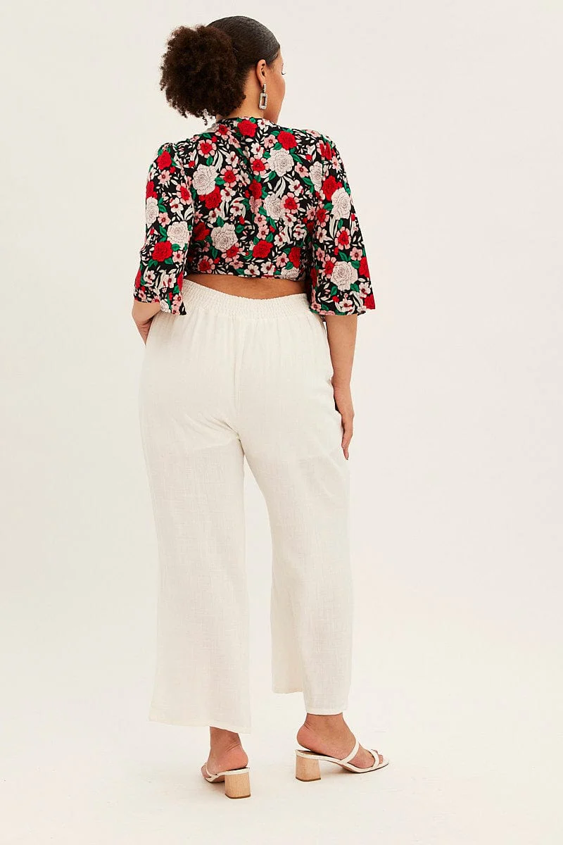 White Wide Leg Pant Flat Front Elastic Back Linen Blend - Image 5