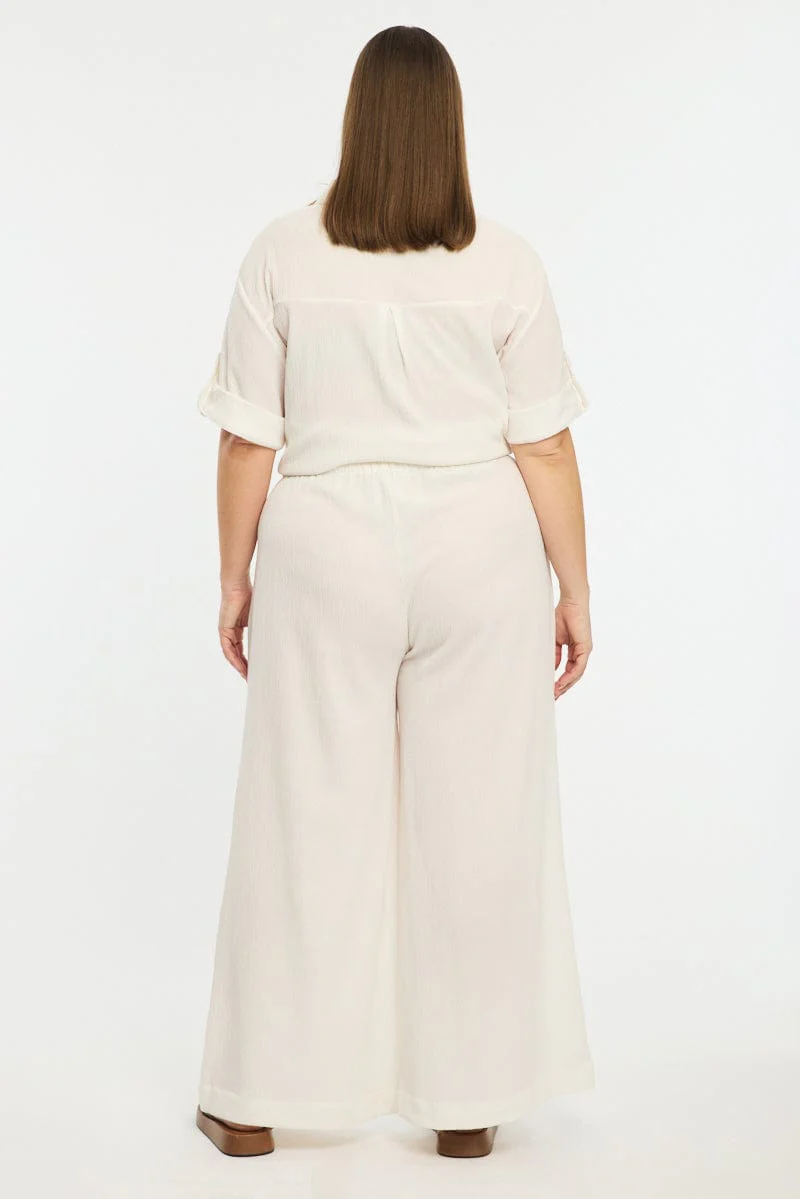 White Wide Leg Pants Elastic Waist - Image 5