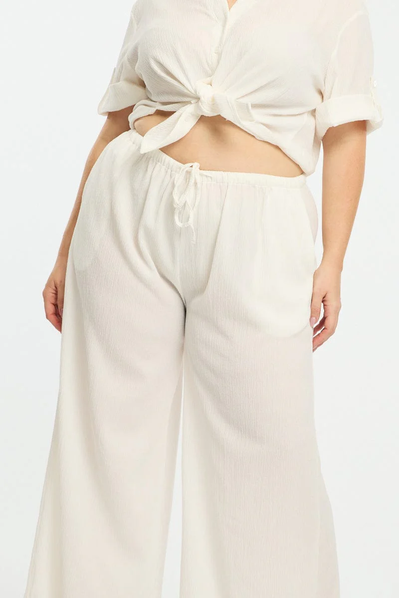 White Wide Leg Pants Elastic Waist - Image 6