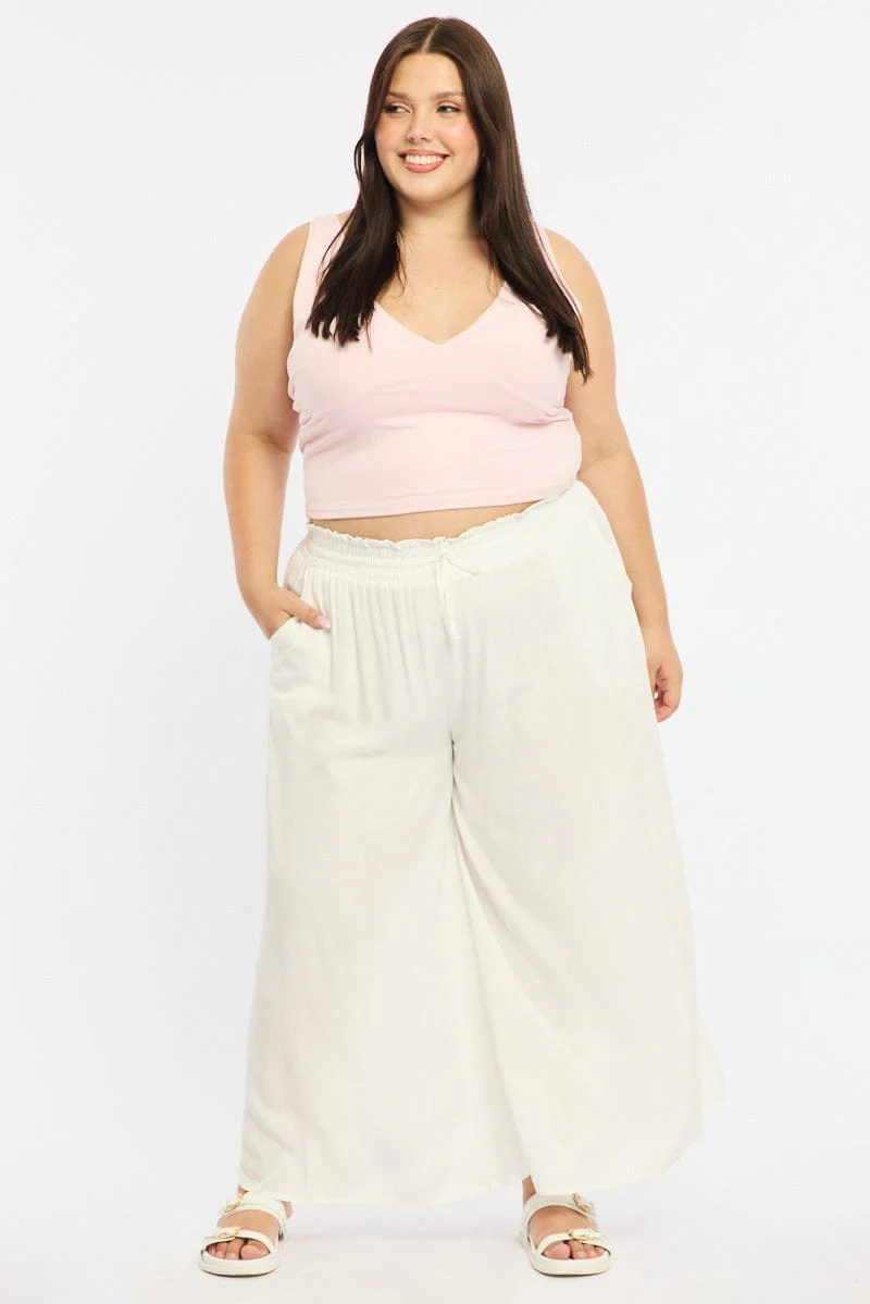 White Wide Leg Pants Elastic Waist - Image 3