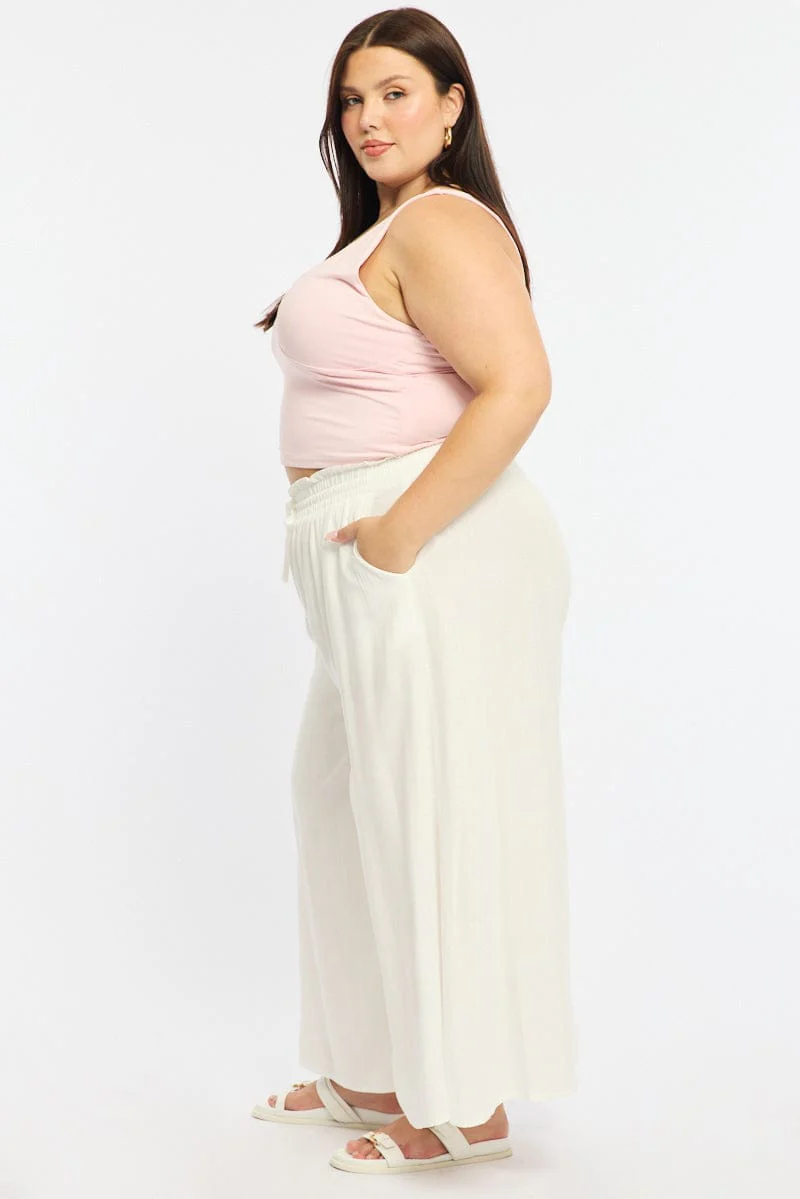White Wide Leg Pants Elastic Waist - Image 4