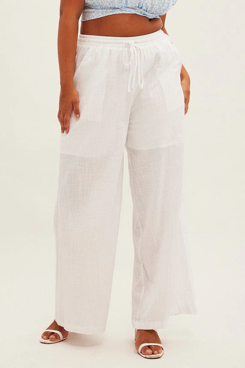White Wide Leg Pants High Rise Cotton - Image 2