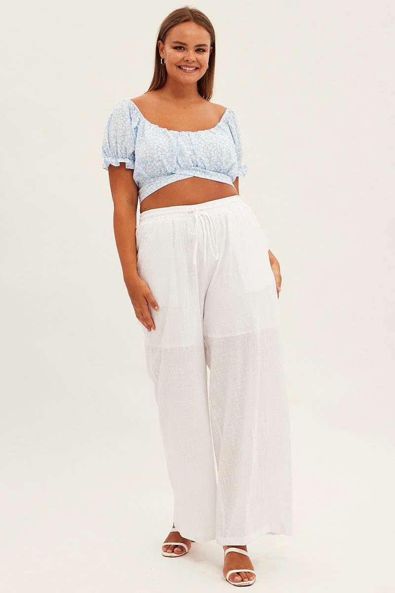White Wide Leg Pants High Rise Cotton - Image 3
