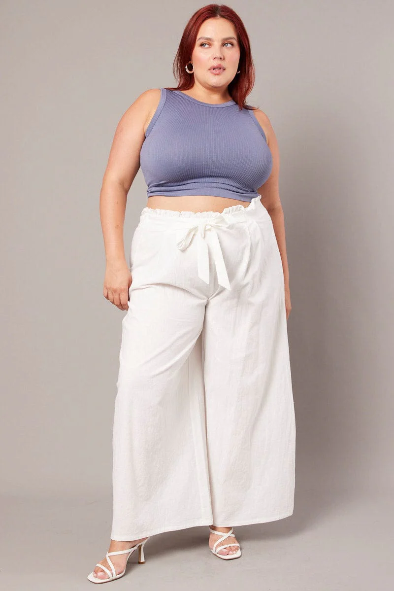 White Wide Leg Pants High Rise Waist Tie Crop - Image 2