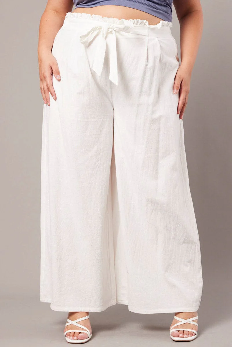 White Wide Leg Pants High Rise Waist Tie Crop - Image 3