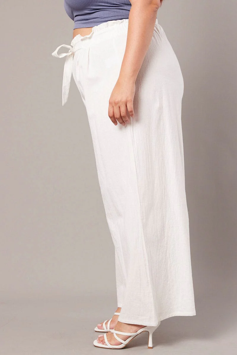 White Wide Leg Pants High Rise Waist Tie Crop - Image 4