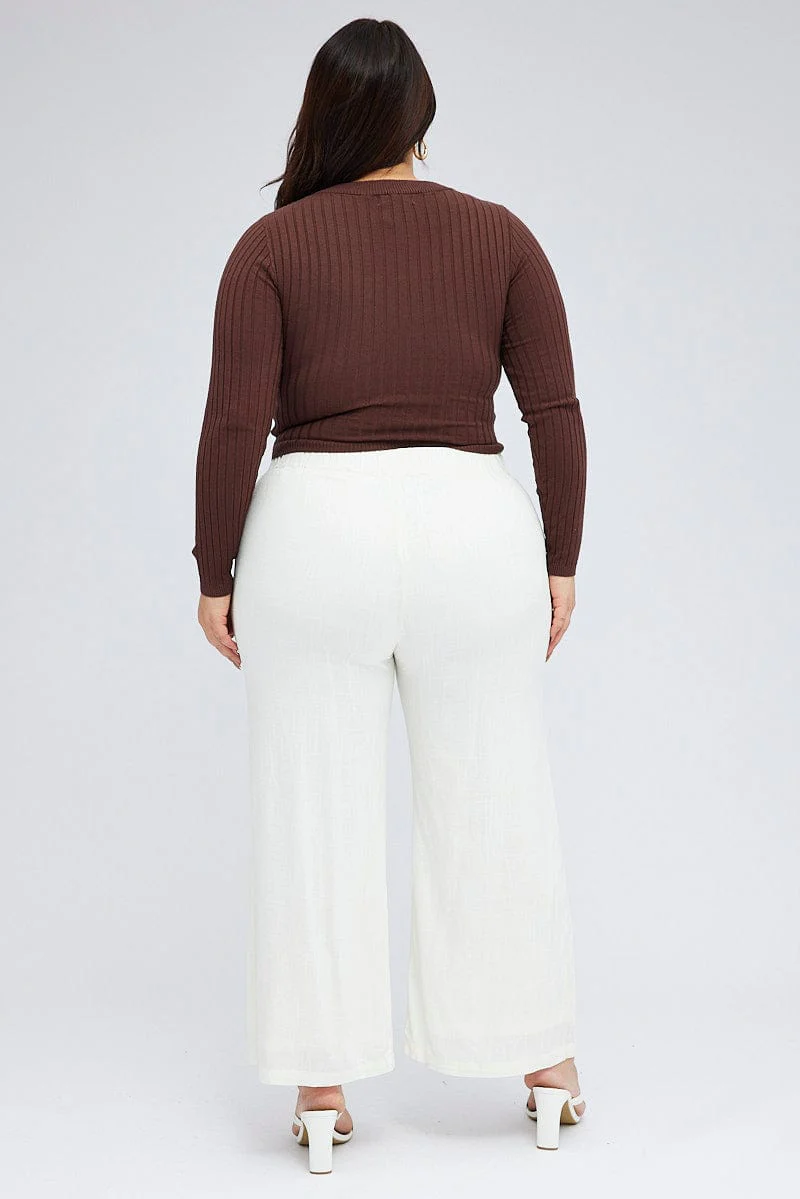 White Wide Leg Pants Linen Blend Button Front - Image 5