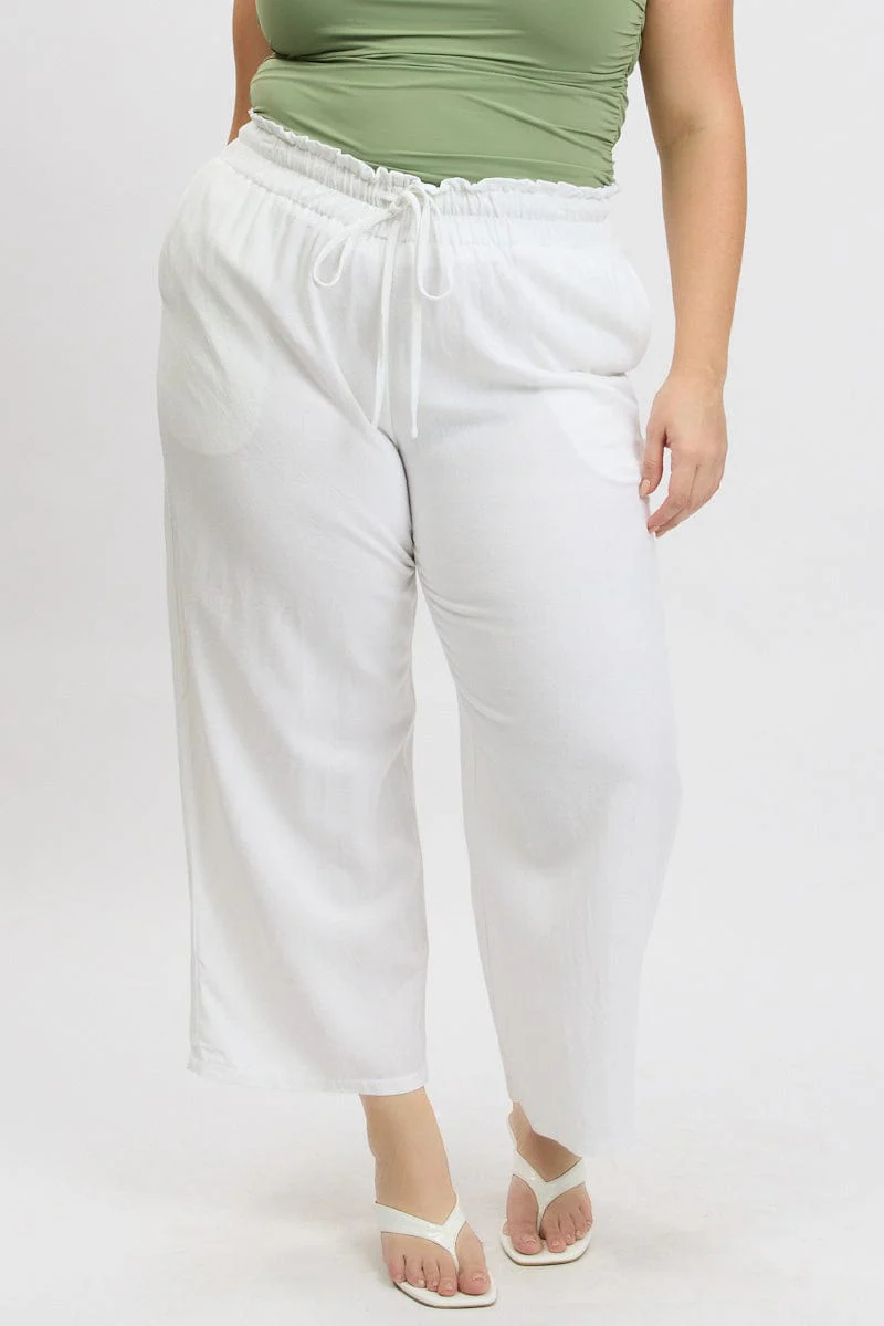 White Wideleg Pants Paperbag Elastic Waist Linen Blend - Image 4