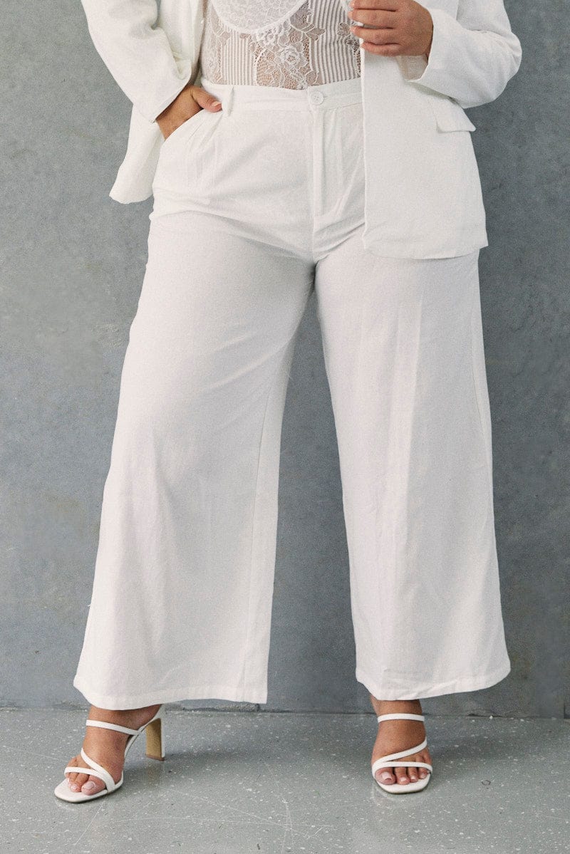 White Wide Leg Pants Pleat Front - Image 3
