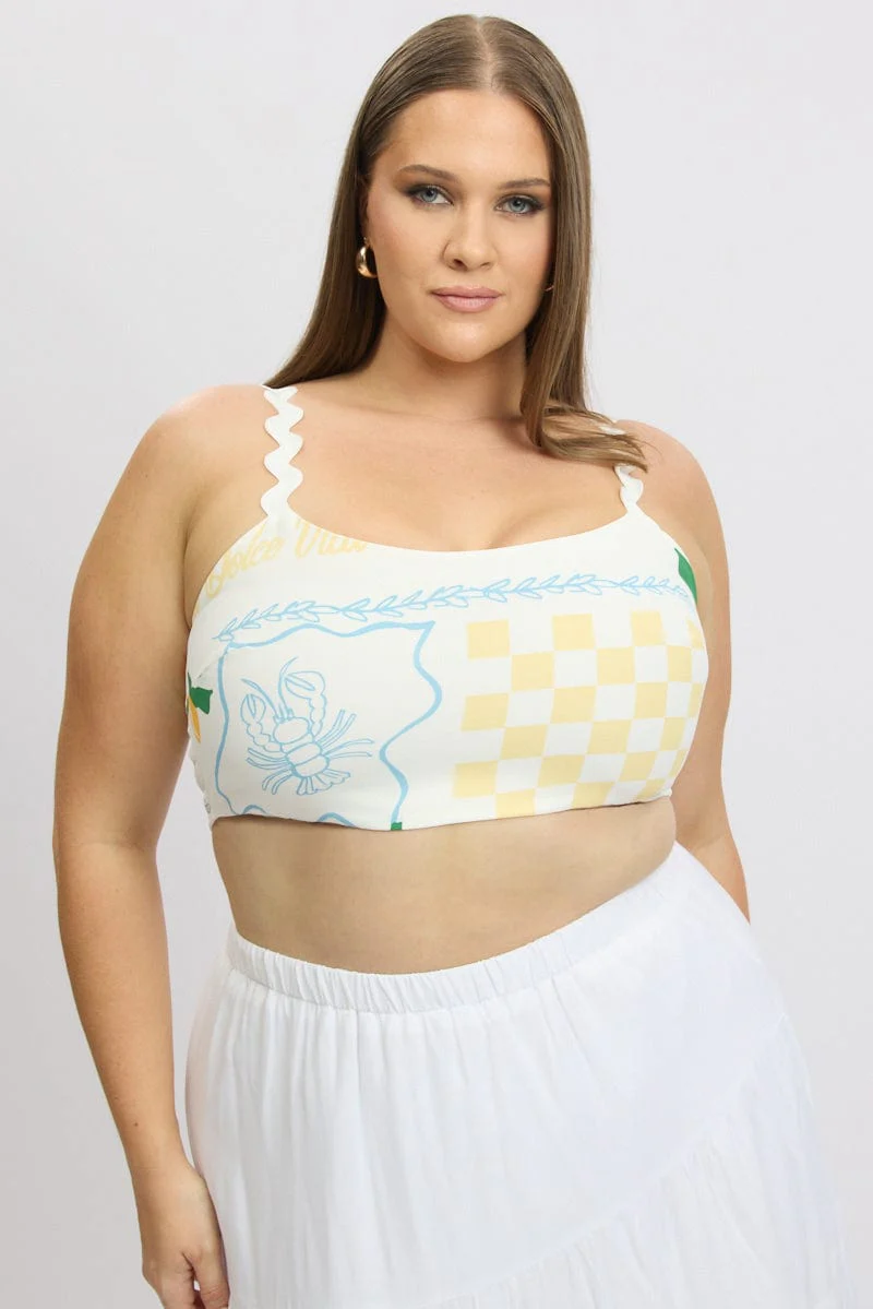 Yellow Abstract Crop Top Sleeveless Ric Rac